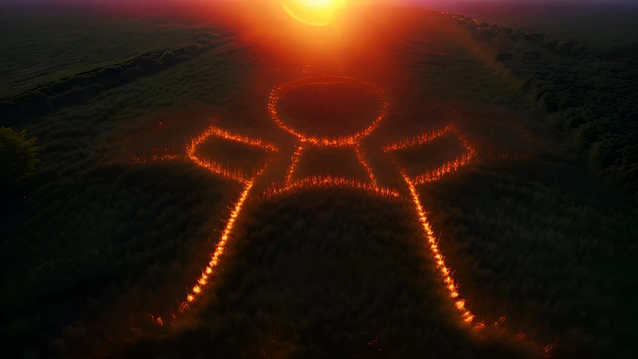 在黑夜的草地上，火焰勾勒出一个卡通人物的轮廓。火焰