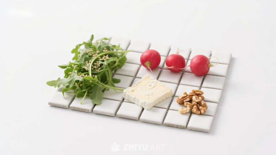 清新食材组合：芝麻叶、樱桃萝卜、奶酪与核桃