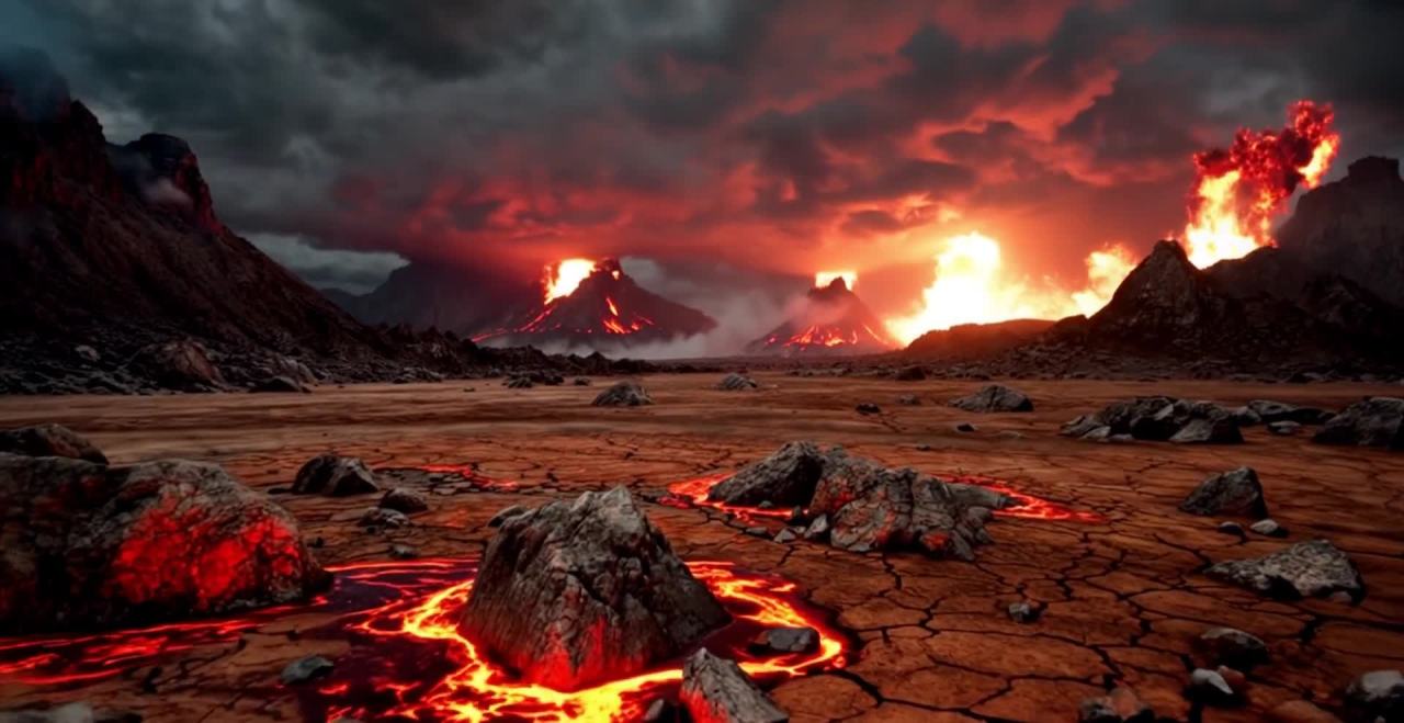 火山爆发荒凉景象：熔岩流淌末日氛围