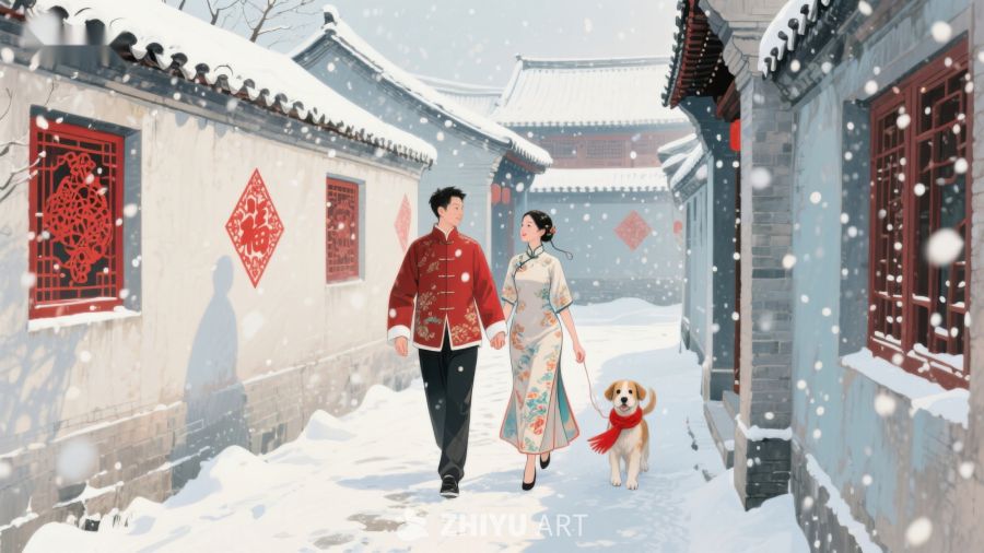 雪中古巷，情侣与狗温馨同行 1111