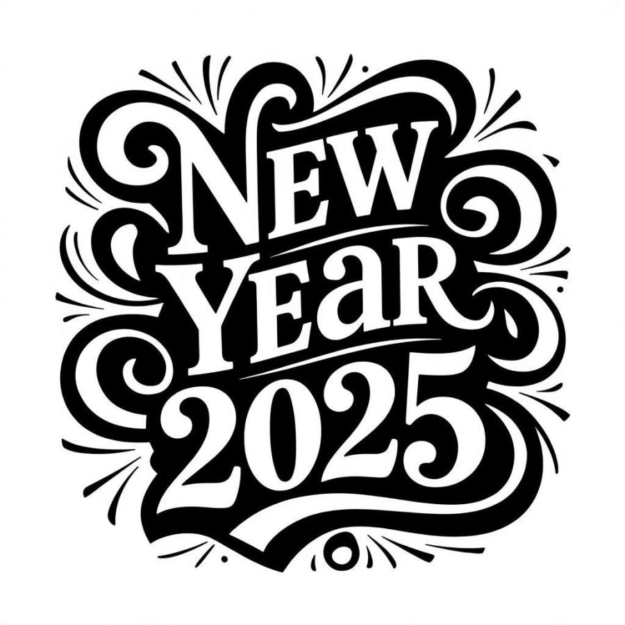 黑白矢量插图中，醒目的艺术字体排列成“New Ye