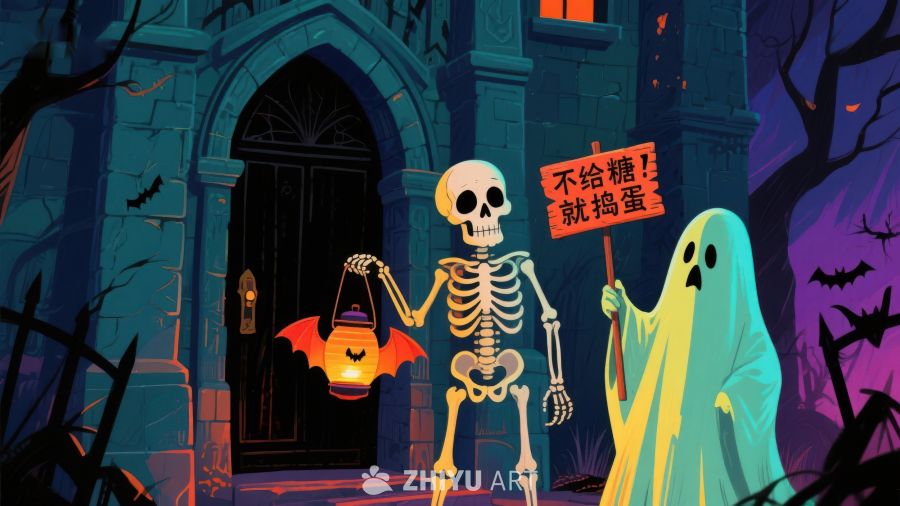 万圣节骷髅与幽灵门前讨糖