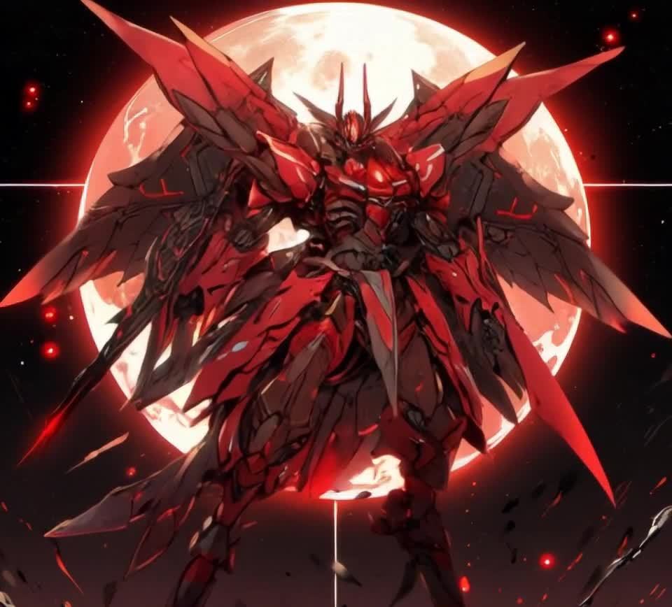 红色机甲屹立于红色满月夜空下