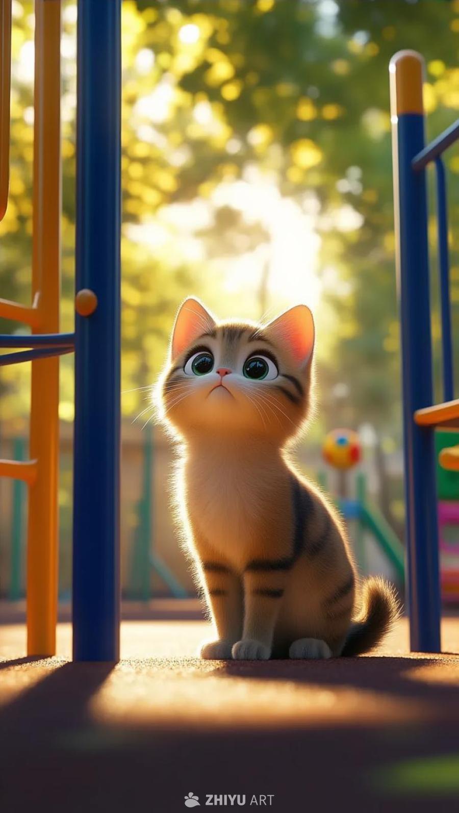 一只毛茸茸的小猫站在学校操场上，抬着头，大眼睛向上