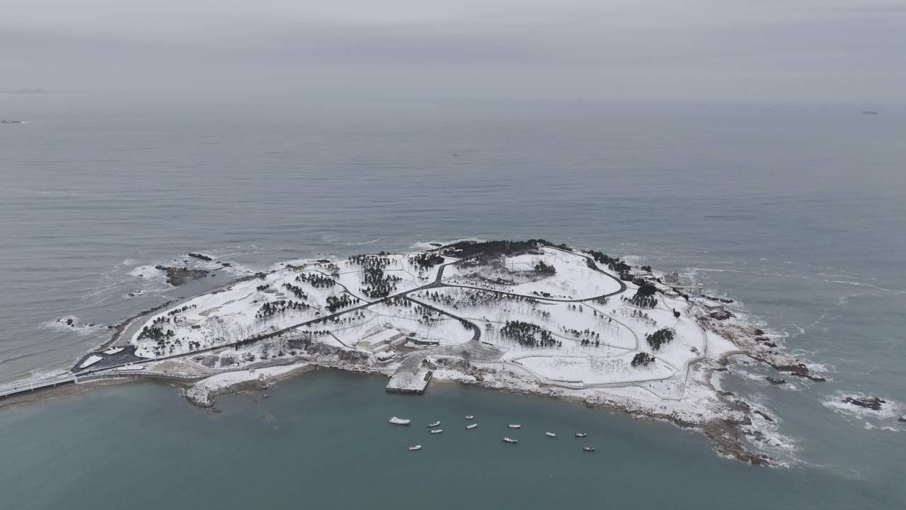 青岛小麦岛海边雪景航拍 5