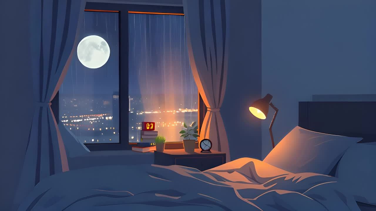 房间内，一扇窗户占据了大部分视野，窗外是夜景，能看