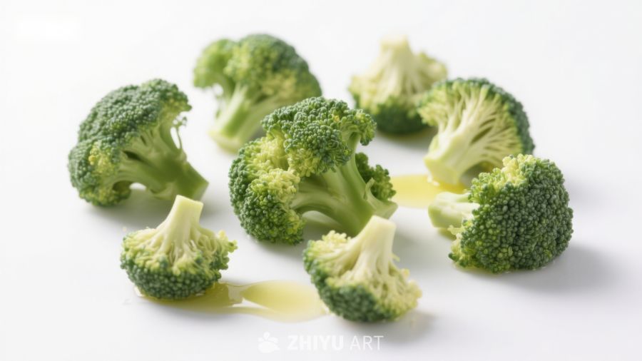 西兰花切块与油滴特写