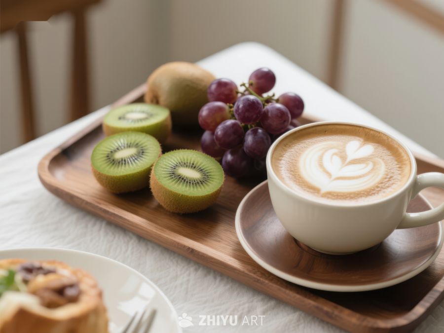 早餐托盘上的咖啡与水果 701