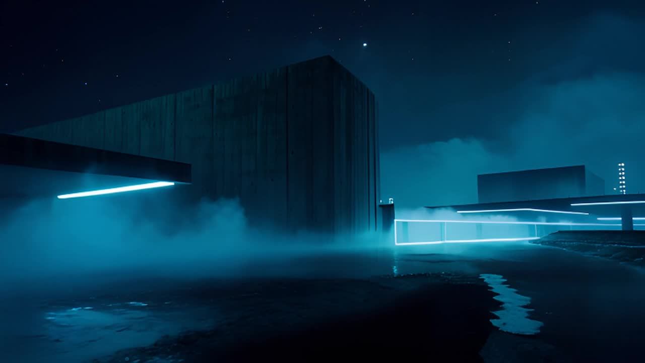 夜色下，雾气弥漫，混凝土结构的建筑物呈单体式排列。