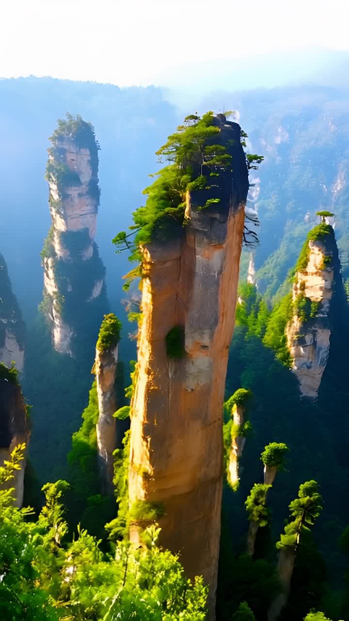 画面中呈现出许多细长的垂直岩石结构，覆盖着茂密的绿