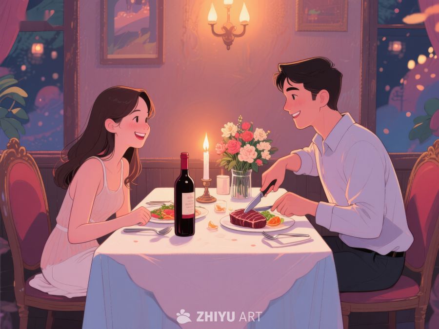 浪漫晚餐：情侣在餐厅共享美食 436