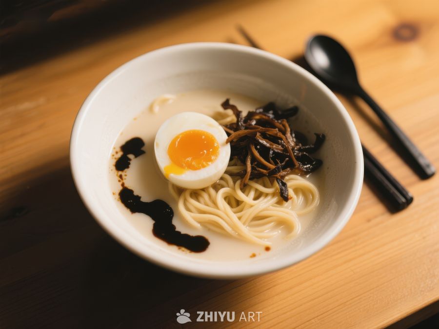一碗美味的面条配半熟蛋和蘑菇 281
