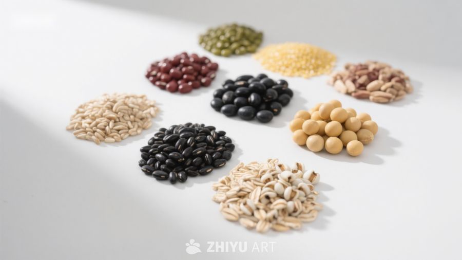 多样豆类与谷物的排列展示