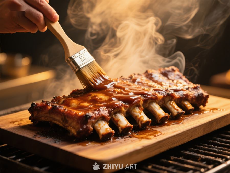 烧烤肋排刷酱，热气腾腾