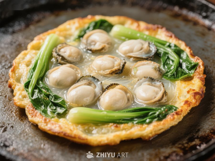 煎制海鲜饼，搭配青菜与贝类 411