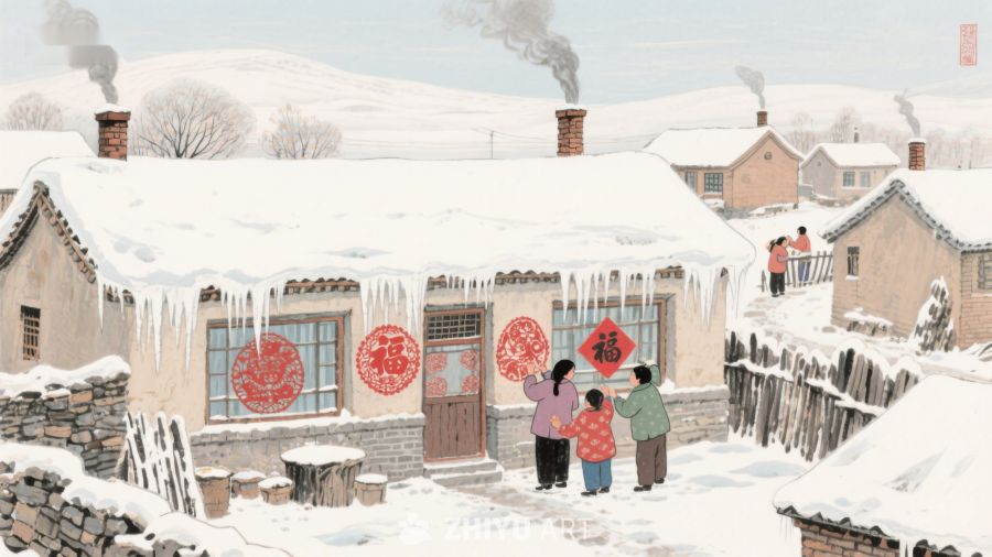 雪中村落，福字迎春 1089