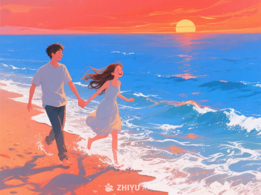 海边日落下的牵手漫步 232