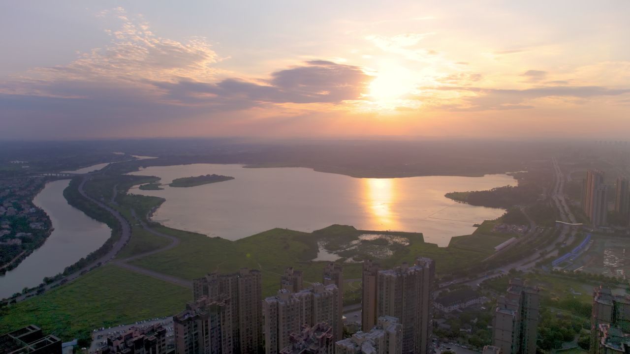 长沙松雅湖湿地公园日出航拍