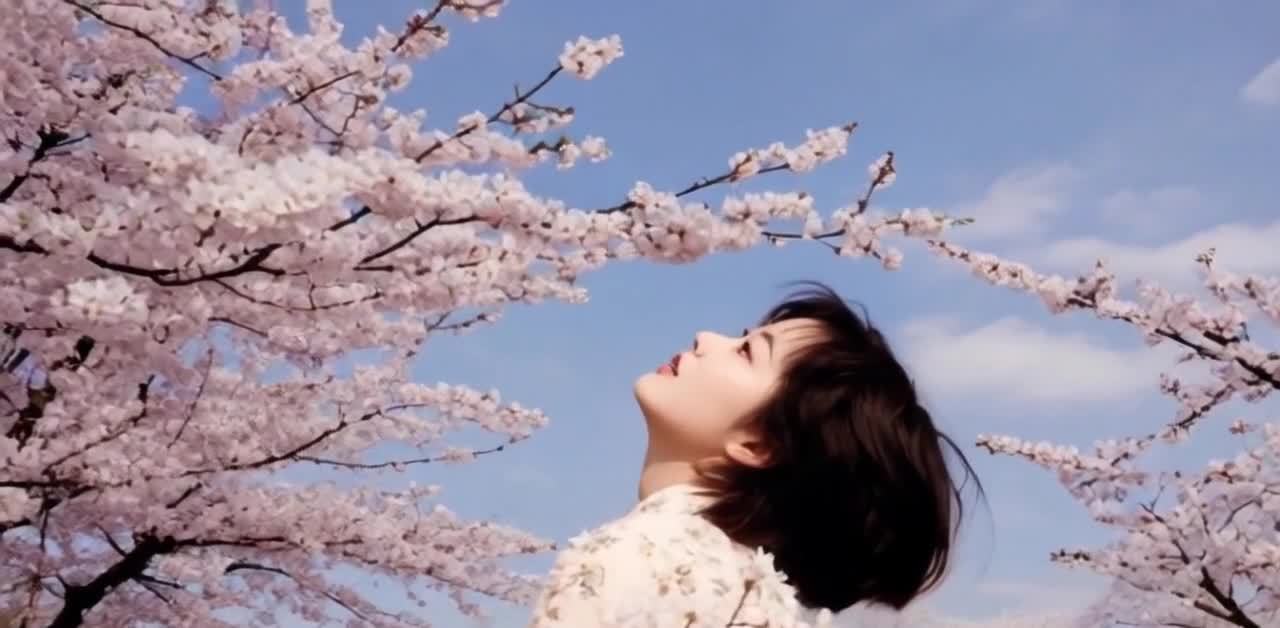 女子仰望盛开樱花，花瓣飞舞飘落，蓝色天空背景