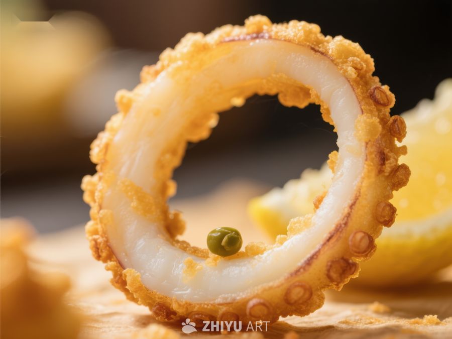 金黄酥脆的炸鱿鱼圈特写