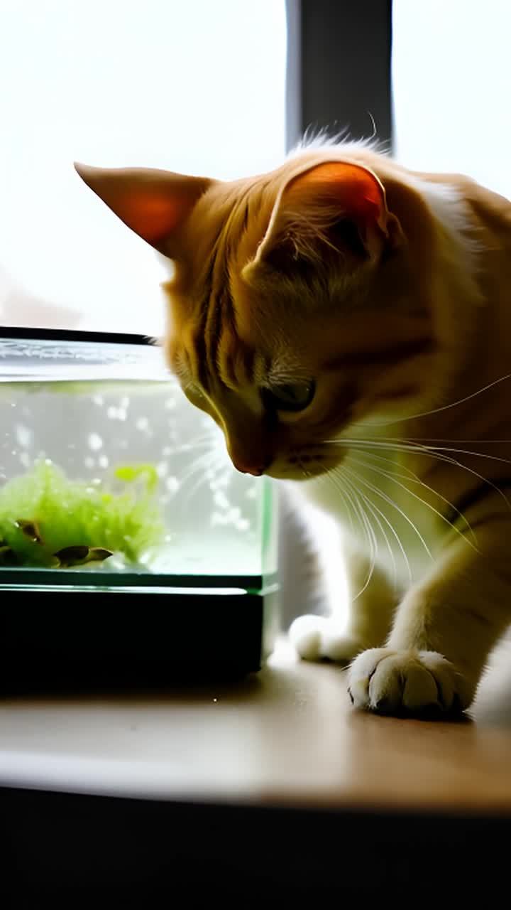一只黄色的猫咪好奇地观察着桌上的一小缸鱼。相机缓缓地从猫咪的爪子向上移动到它那好奇的面孔。细节方面：鱼缸里的水因水滴而闪烁，反射出柔和的自然光线。一只黄色猫咪趴在桌子上，看着一个装有绿色植物和水的小鱼缸，似乎很好奇。