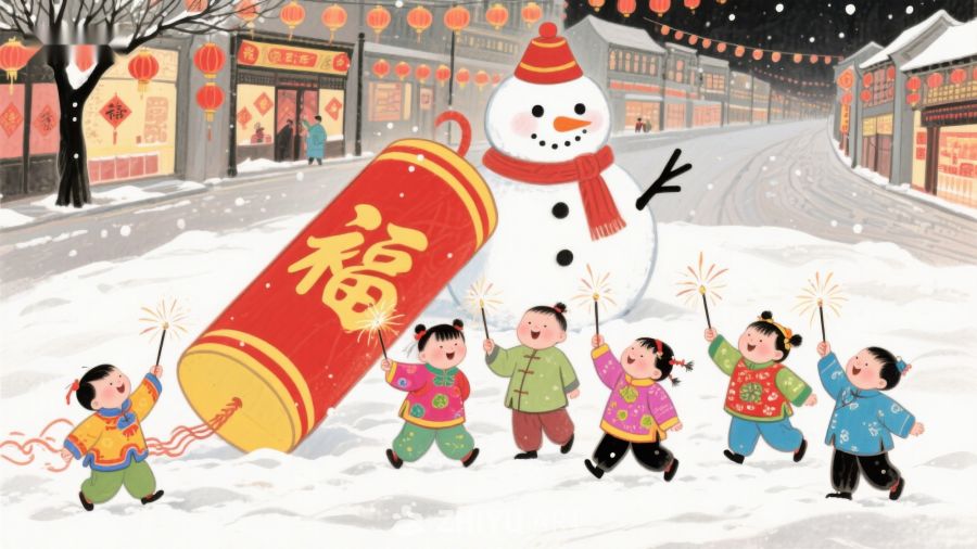 雪中迎新春，儿童与雪人共庆佳节 1164