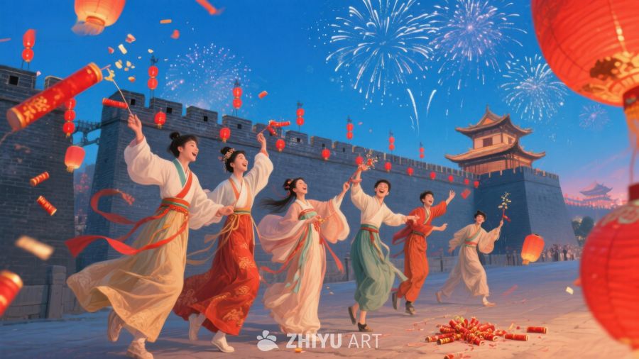 古装人物在城墙前欢庆节日 250