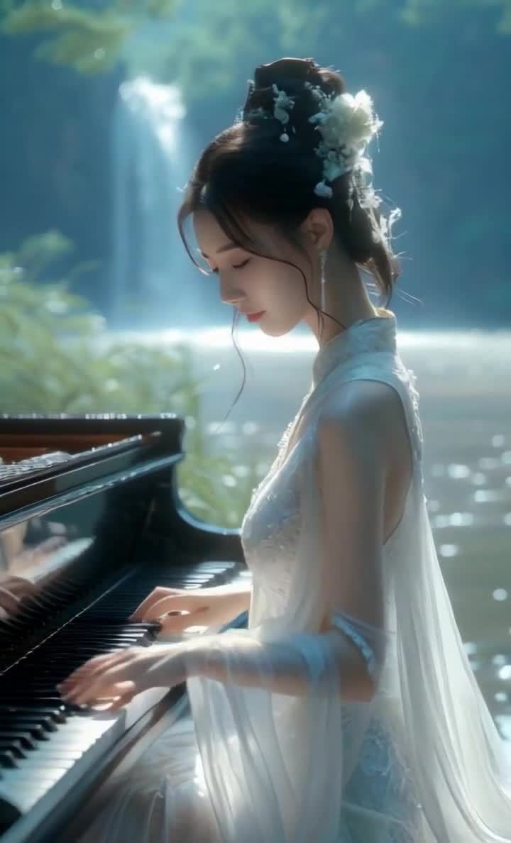 水边弹钢琴的白衣女子，梦幻唯美意境图。