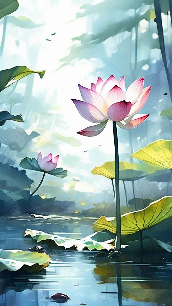 荷花精致淡彩水墨插画 16