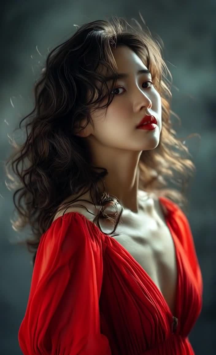 一位年轻女子面向镜头。她穿着一件红色低胸连衣裙，露