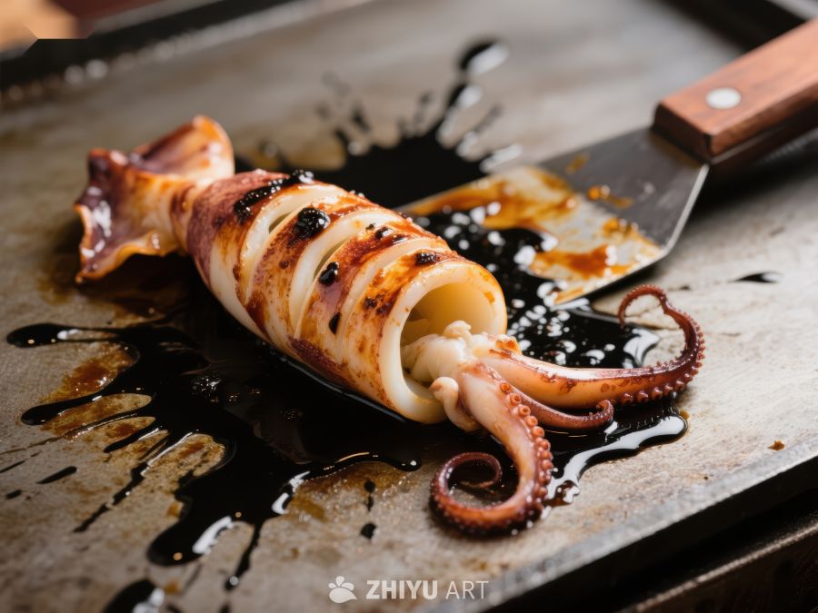 烤制鱿鱼特写，酱汁四溢