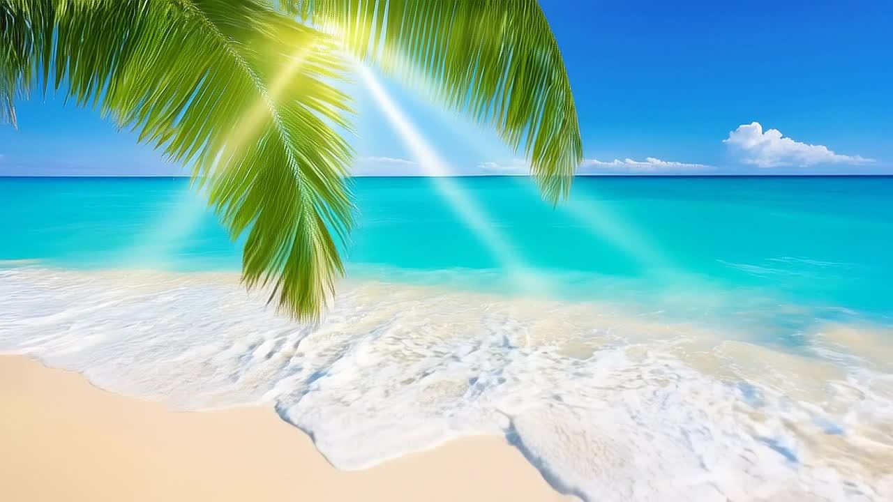 海浪拍打着海岸，棕榈树的树叶在画面上方，阳光穿过树