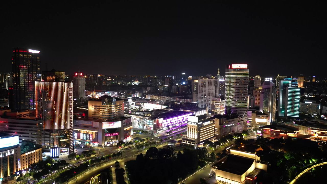 航拍浙江宁波城市夜景 