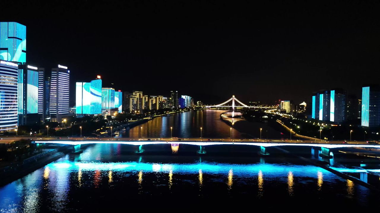 航拍福建福州闽江鳌峰大桥夜景