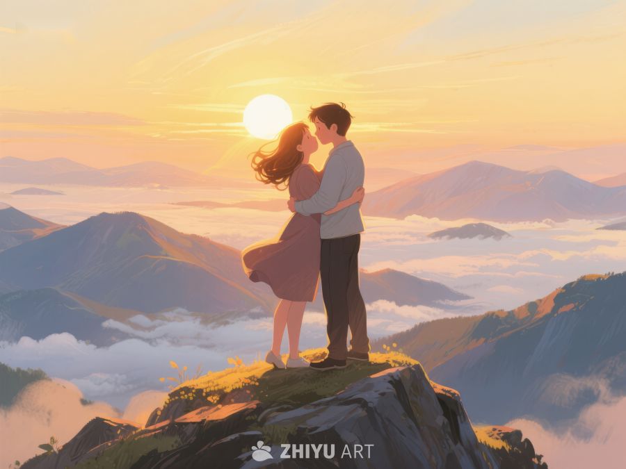 山顶情侣拥抱，夕阳映照云海 656