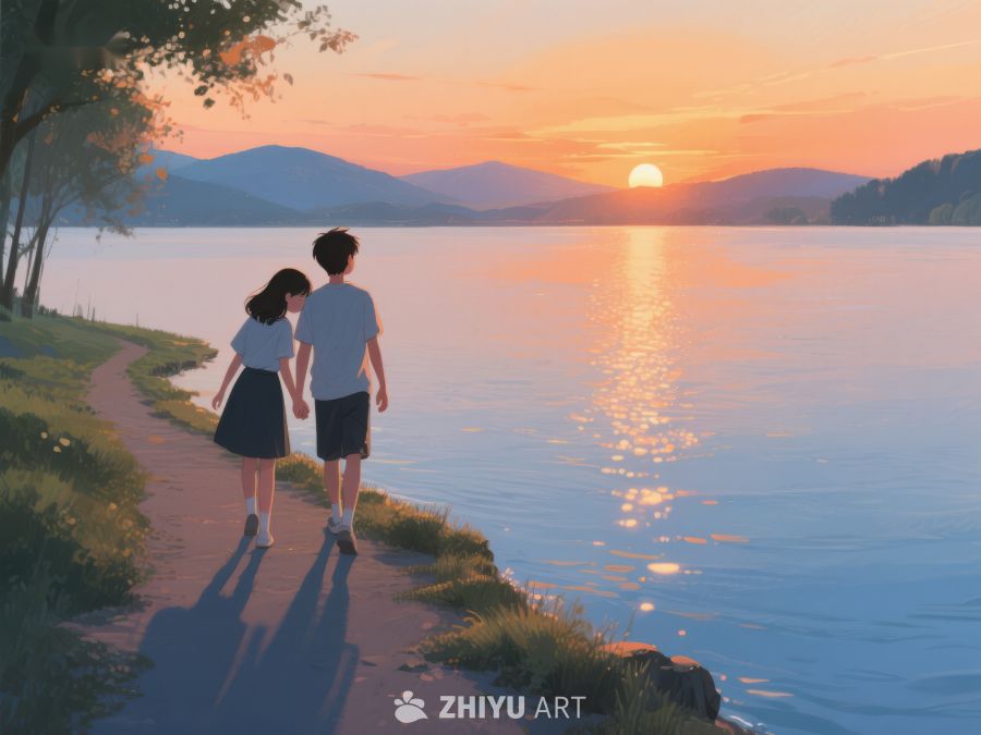 湖畔黄昏，两人漫步 303