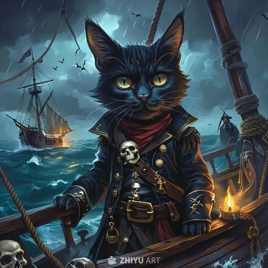 一只黑猫穿着海盗服装站在船上，戴着红色围巾，穿着黑