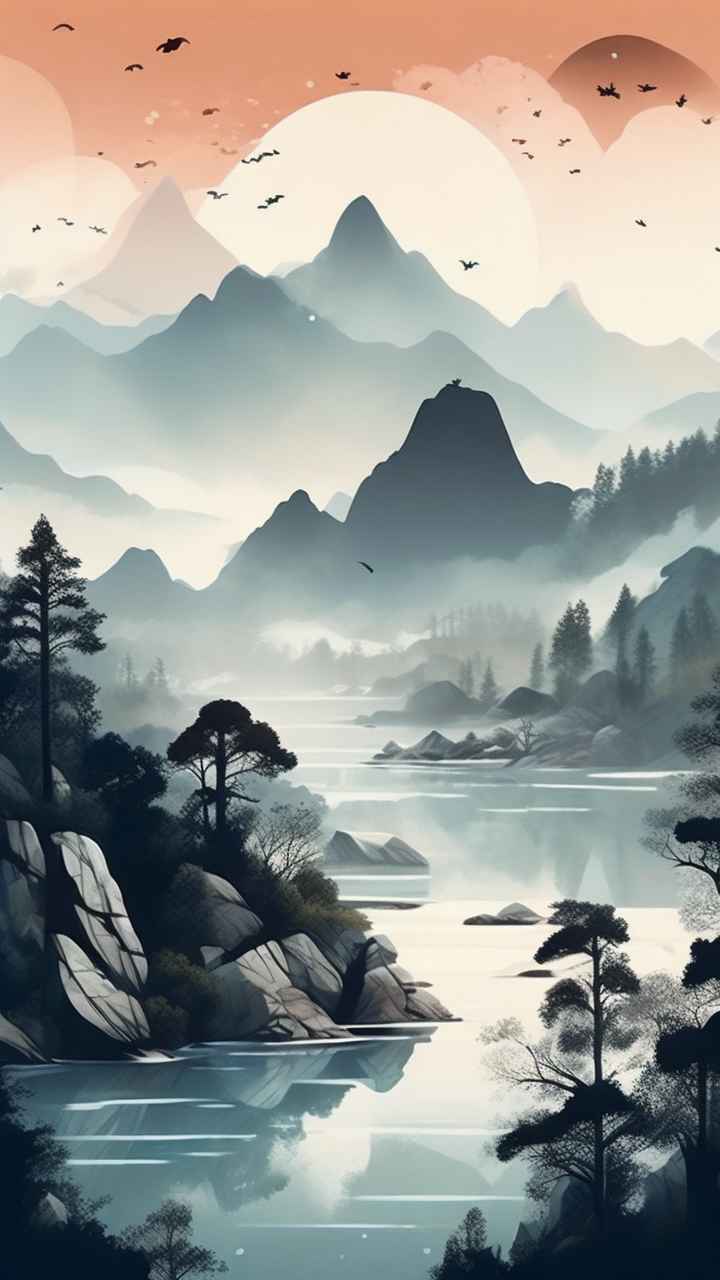 国风水彩画山水风景插画 24
