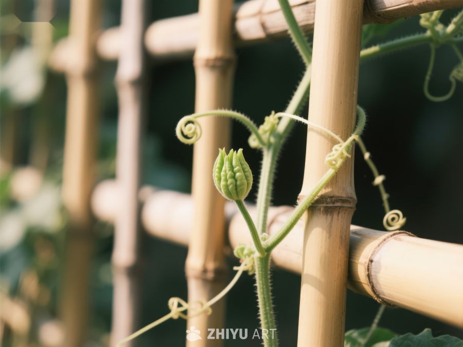 藤蔓攀爬竹架，嫩芽初生 385