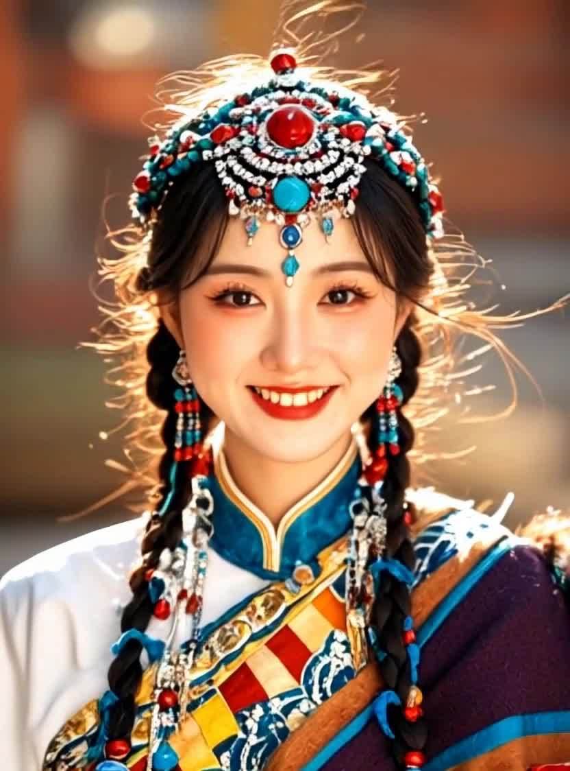 一位女子头戴华丽头饰，头饰由红、绿、蓝等多种颜色的