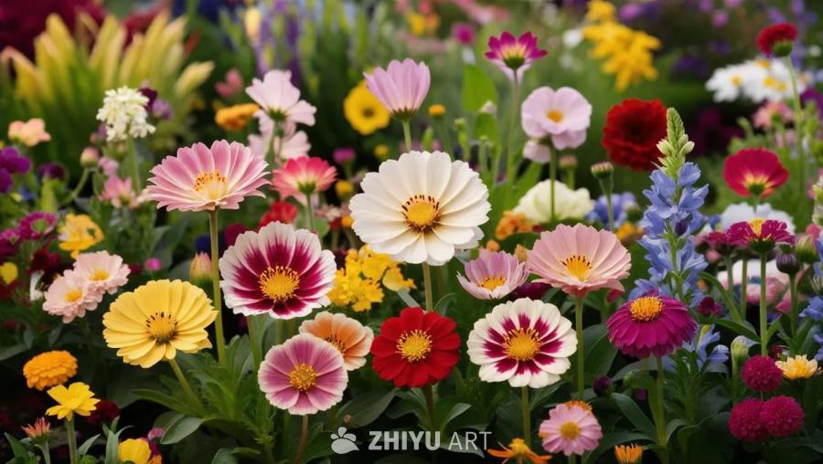 花园里有各种颜色鲜艳的花朵，包括粉色、白色、黄色、