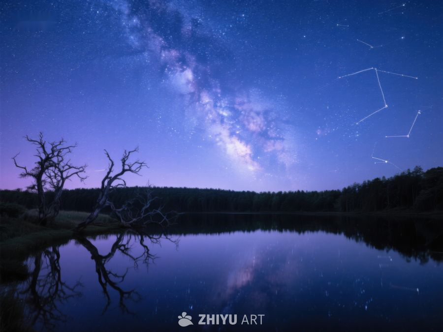 银河映湖夜，枯树倒影美 537