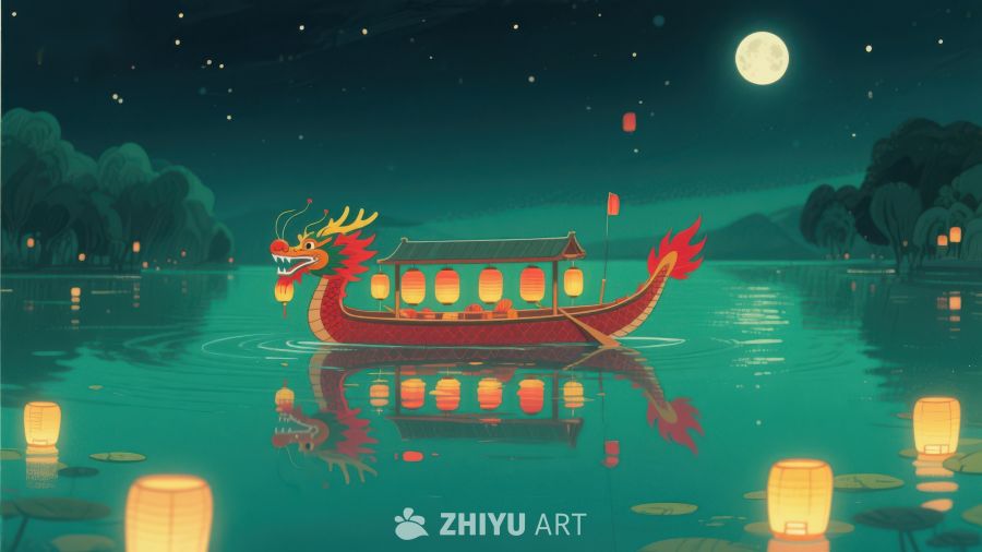 夜色中的龙舟与河灯 437
