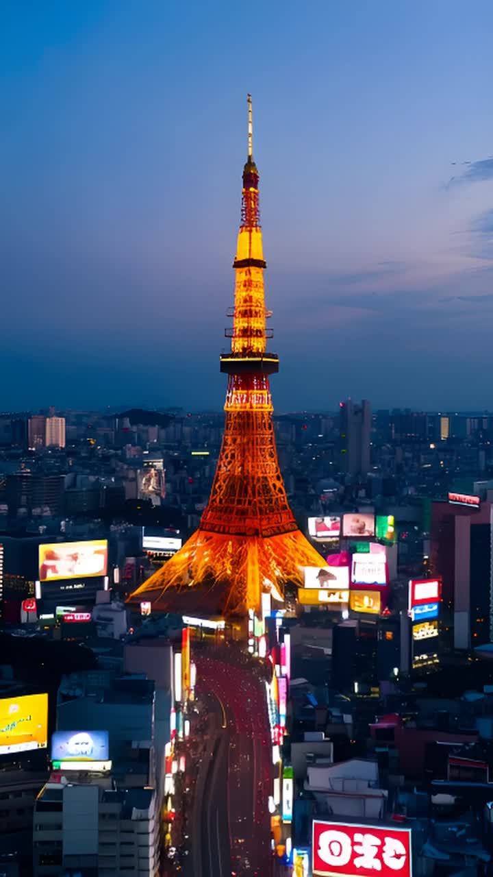 东京塔在傍晚的天空背景下显得高耸，塔身被温暖的橙色