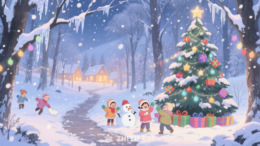 冬夜雪地里的圣诞树与欢乐儿童 100
