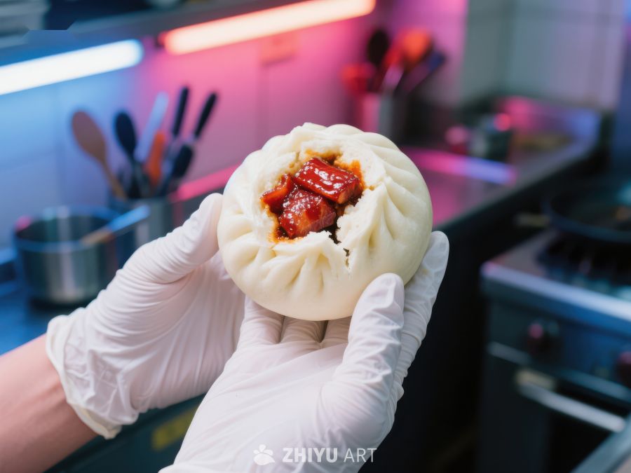 手戴手套展示美味包子 1076