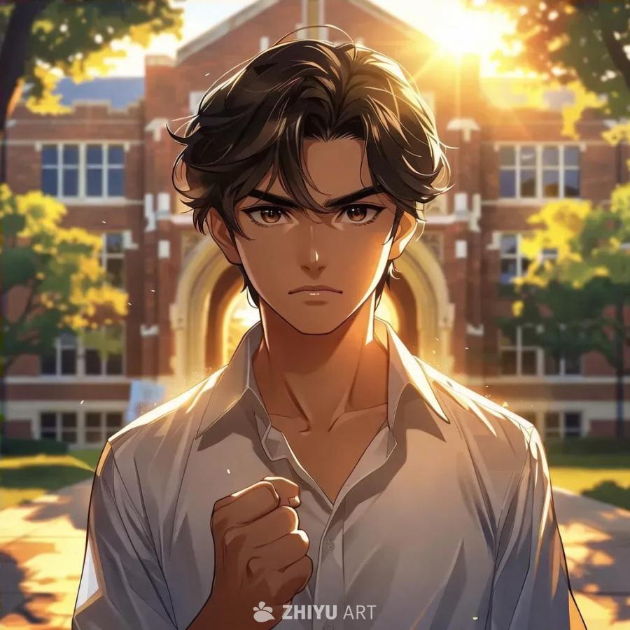 一名男子站在学院外，握紧拳头。他有着黑色的眼球和中