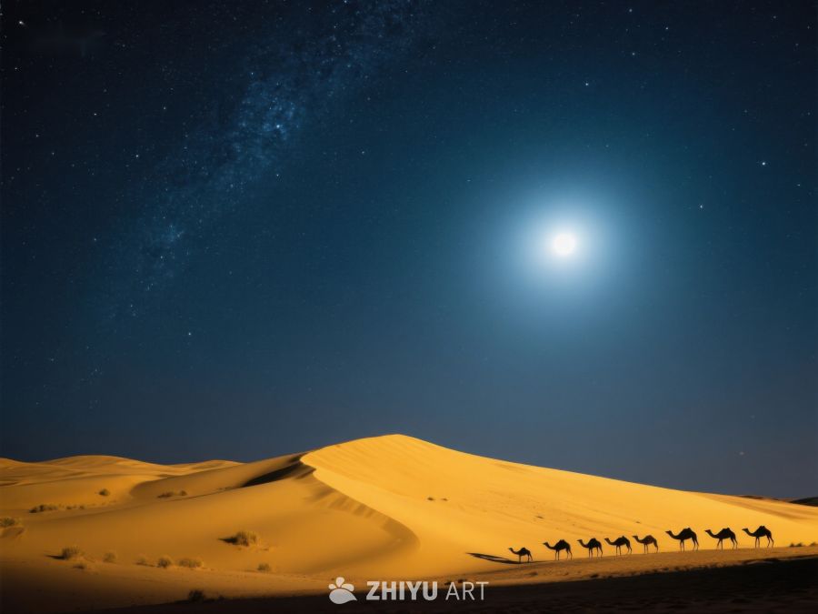 沙漠夜景：骆驼队在星空下前行 73