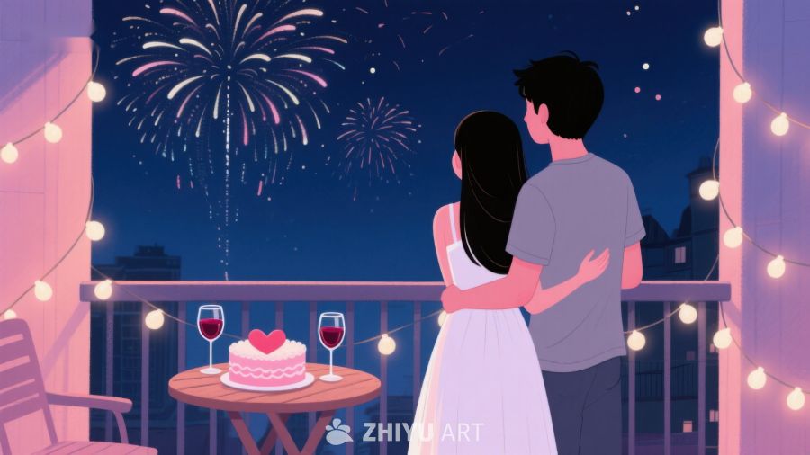 情侣阳台赏烟花，浪漫夜景共此时 243