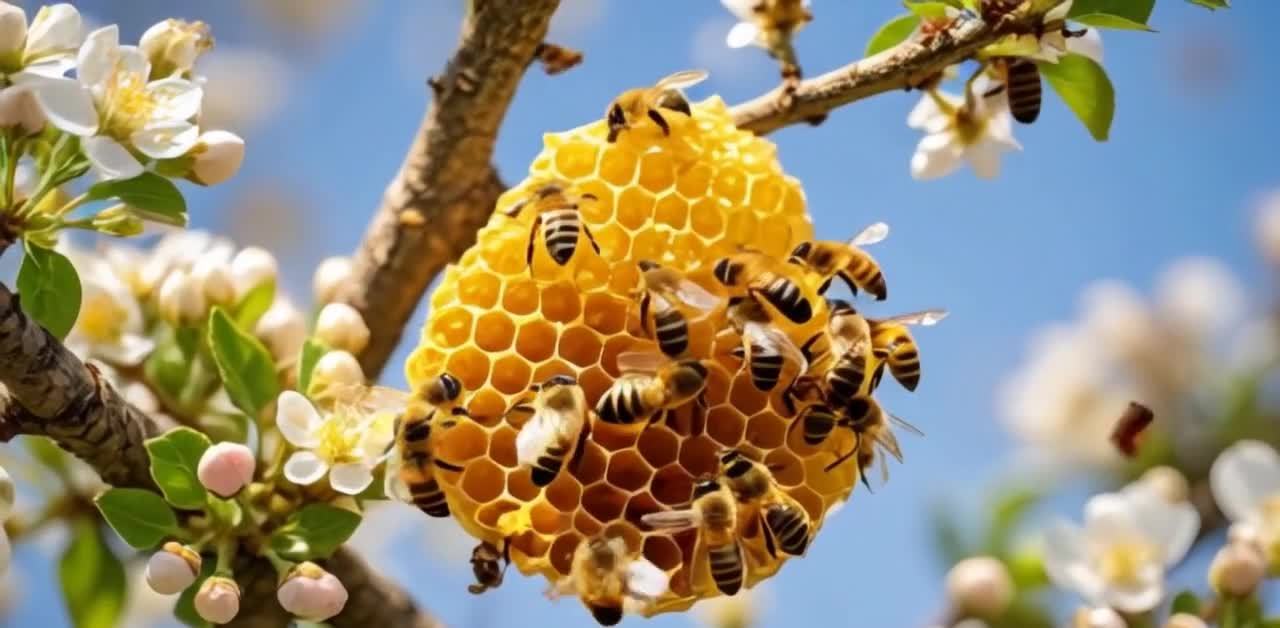 蜂巢悬挂在树枝上，蜂巢呈圆形，由多个六边形组成，呈